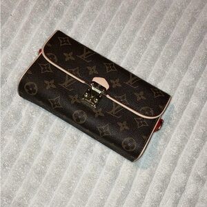 Monogram Brown Leather Crossbody Clutch - Brown with Pink Trim